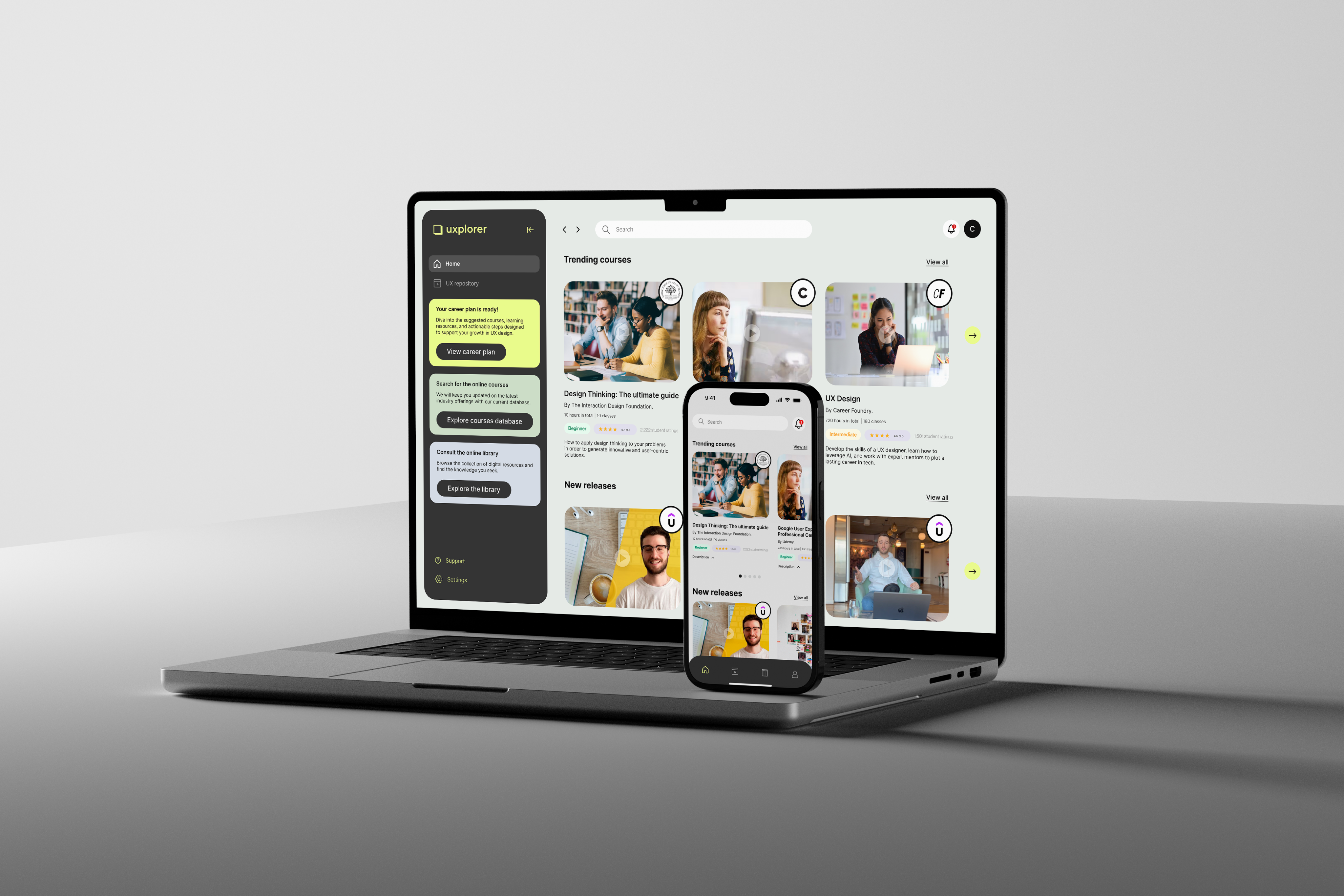 Graphic depicting UI-styled buttons with different categories of interior design items on top of an image of a modern interior living room.