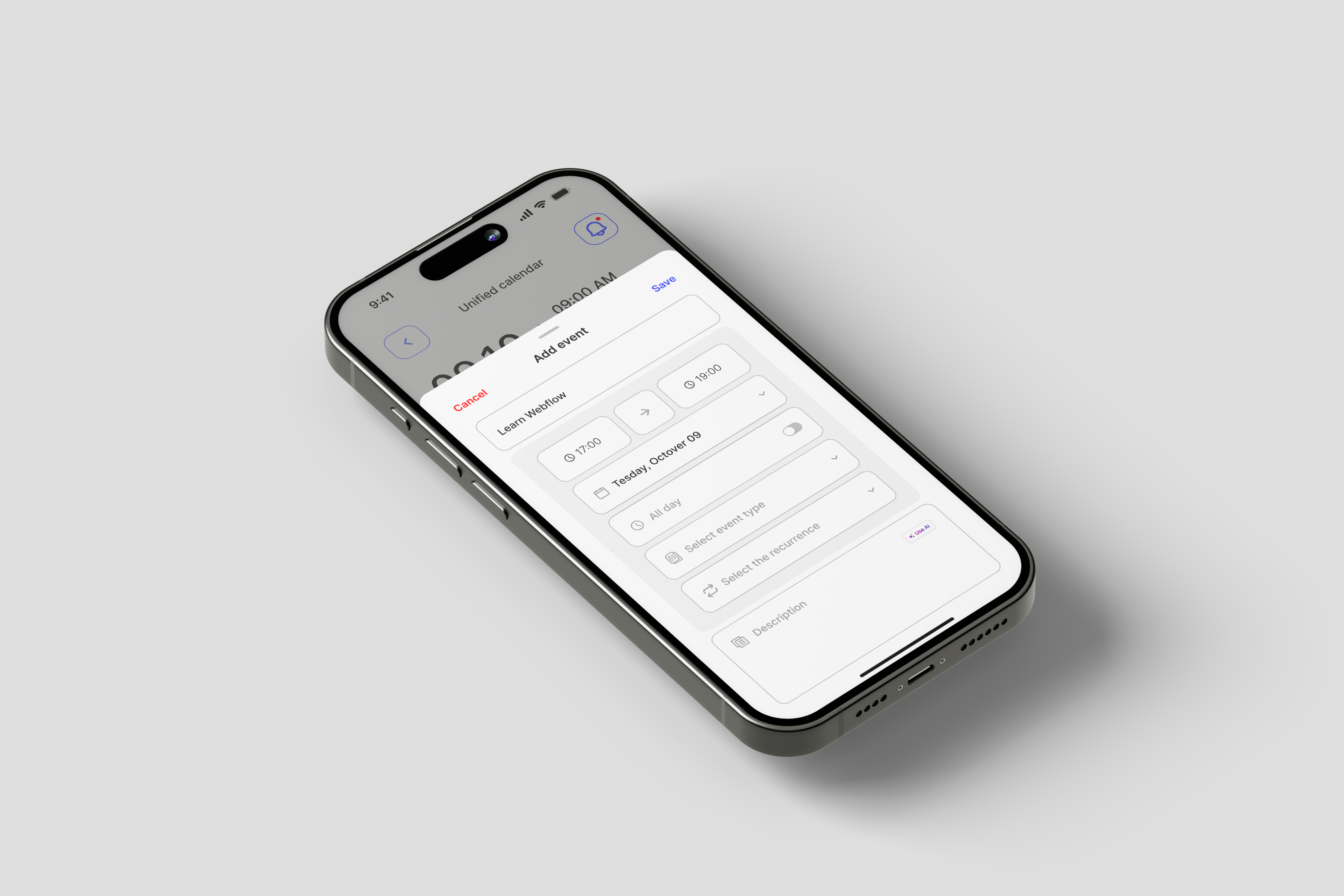 Graphic depicting UI-styled buttons with different categories of interior design items on top of an image of a modern interior living room.