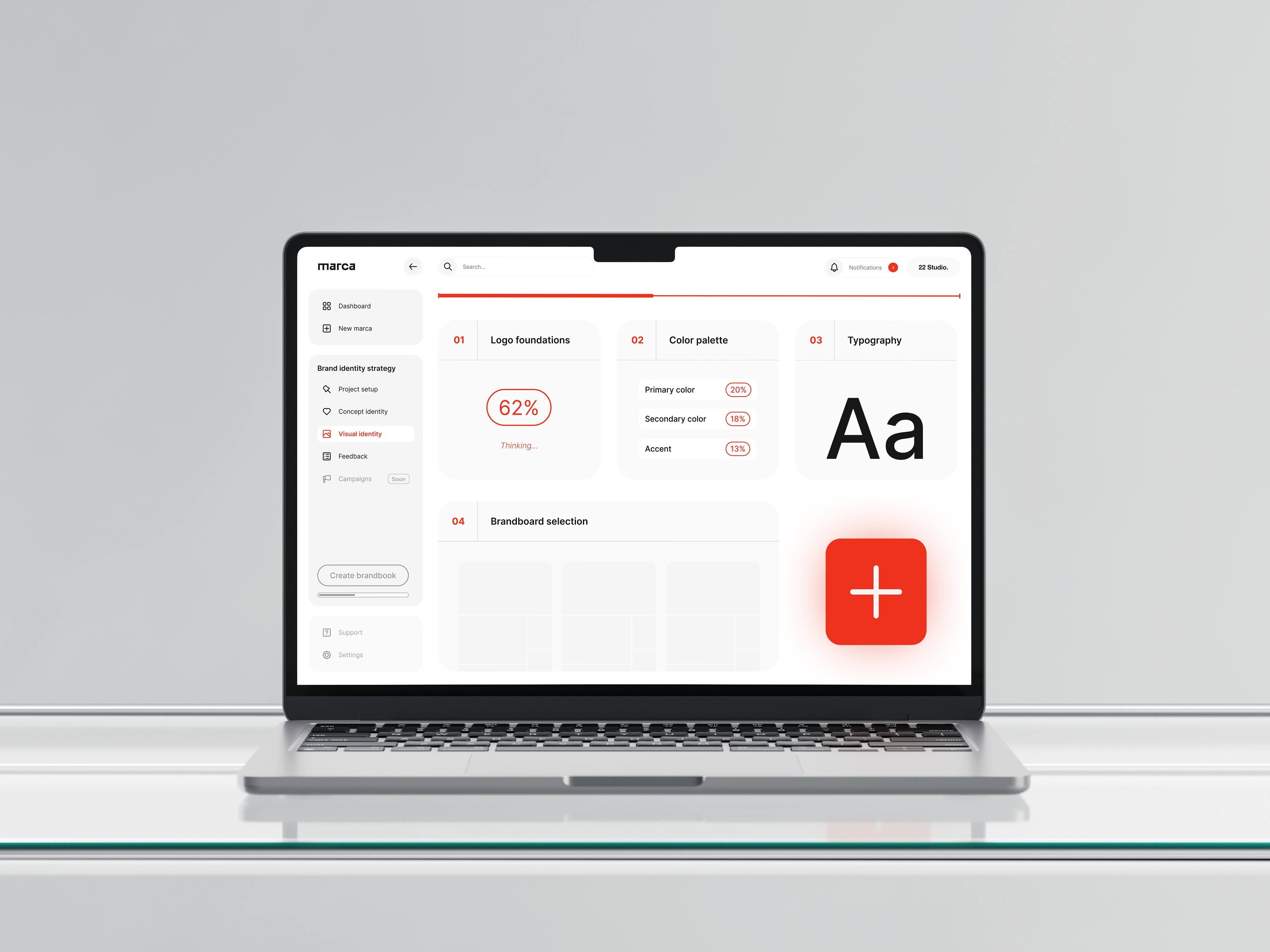 Emblem design for Madame FC depicting an M monogram in a circle with the words "Madame FC EST. 2003" inside on top of a background image of a soccer stadium.